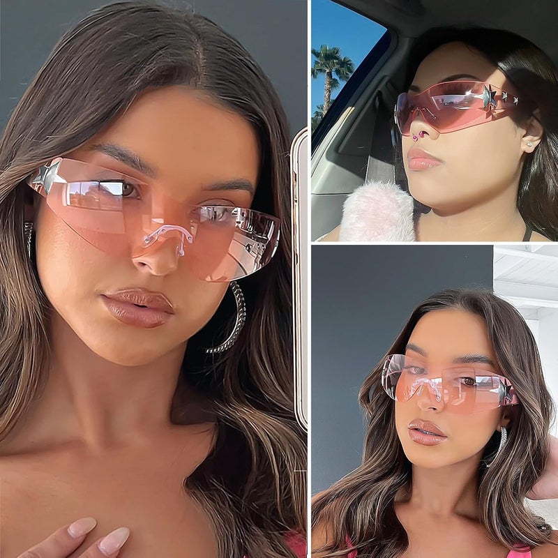 Haqptul Rimless Y2K Sunglasses Star Wrap Around Glasses 2000S Accessories for Women Men Trendy Fashion Cool Shield Shades - Image 3